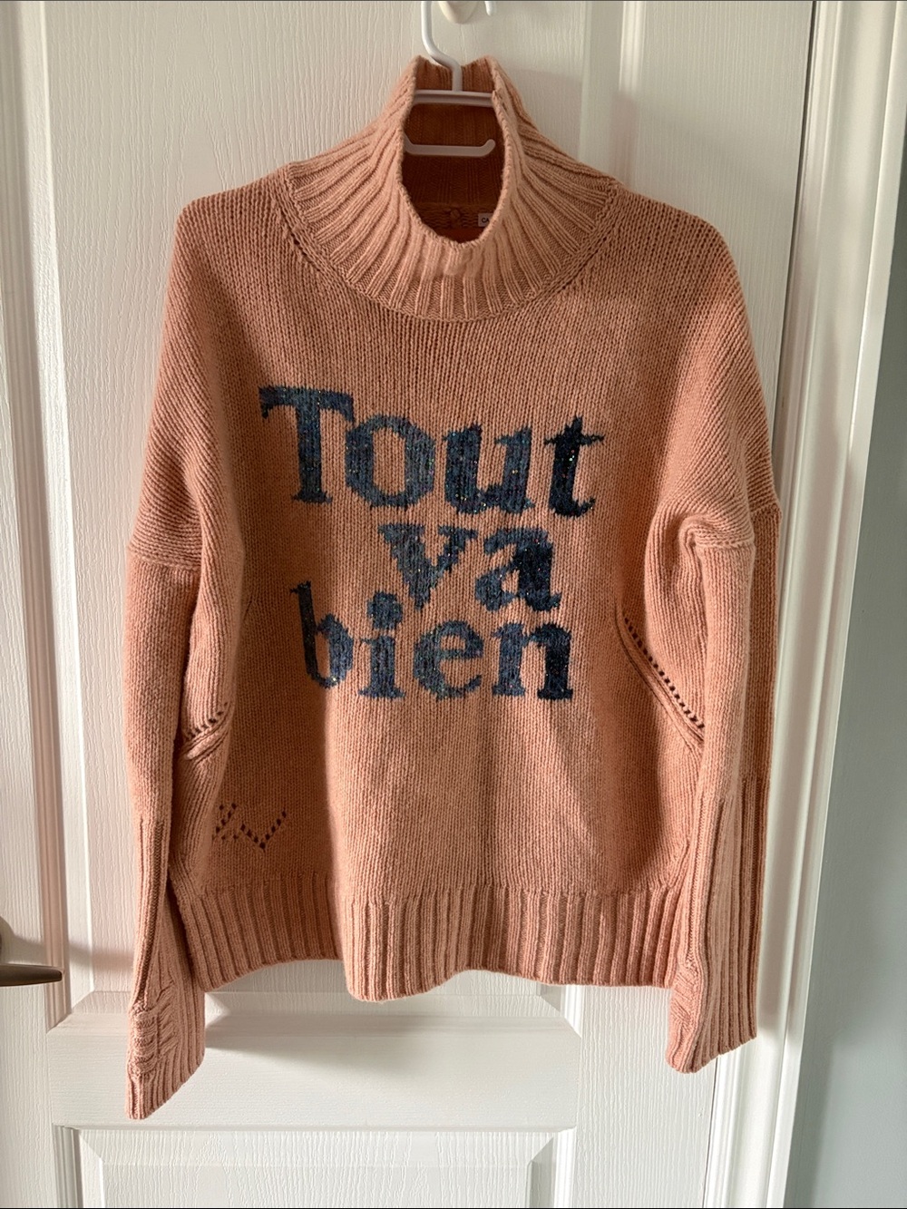 Zadig & Voltaire Peach Pink Turtleneck Sweater with Navy 'Tout va bien'